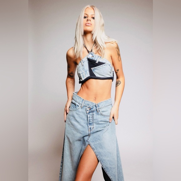 NWT. REVICE Brooklyn Skirt / Long Weekend. Light Wash Denim Maxi Slit Skirt. - Picture 5 of 7